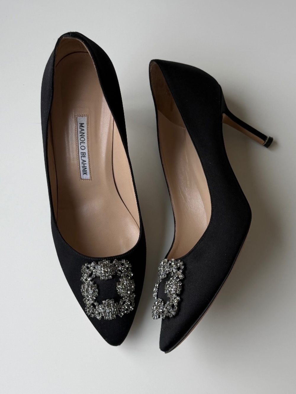 Manolo Blahnik Hangisi Black Satin Crystal Pumps, IT 41, approx. US 10